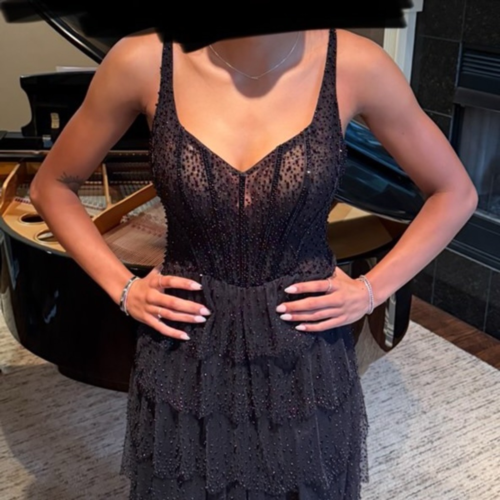 Black Jovani Tiered Sequin Gown with Sheer Corset Bodice 43193